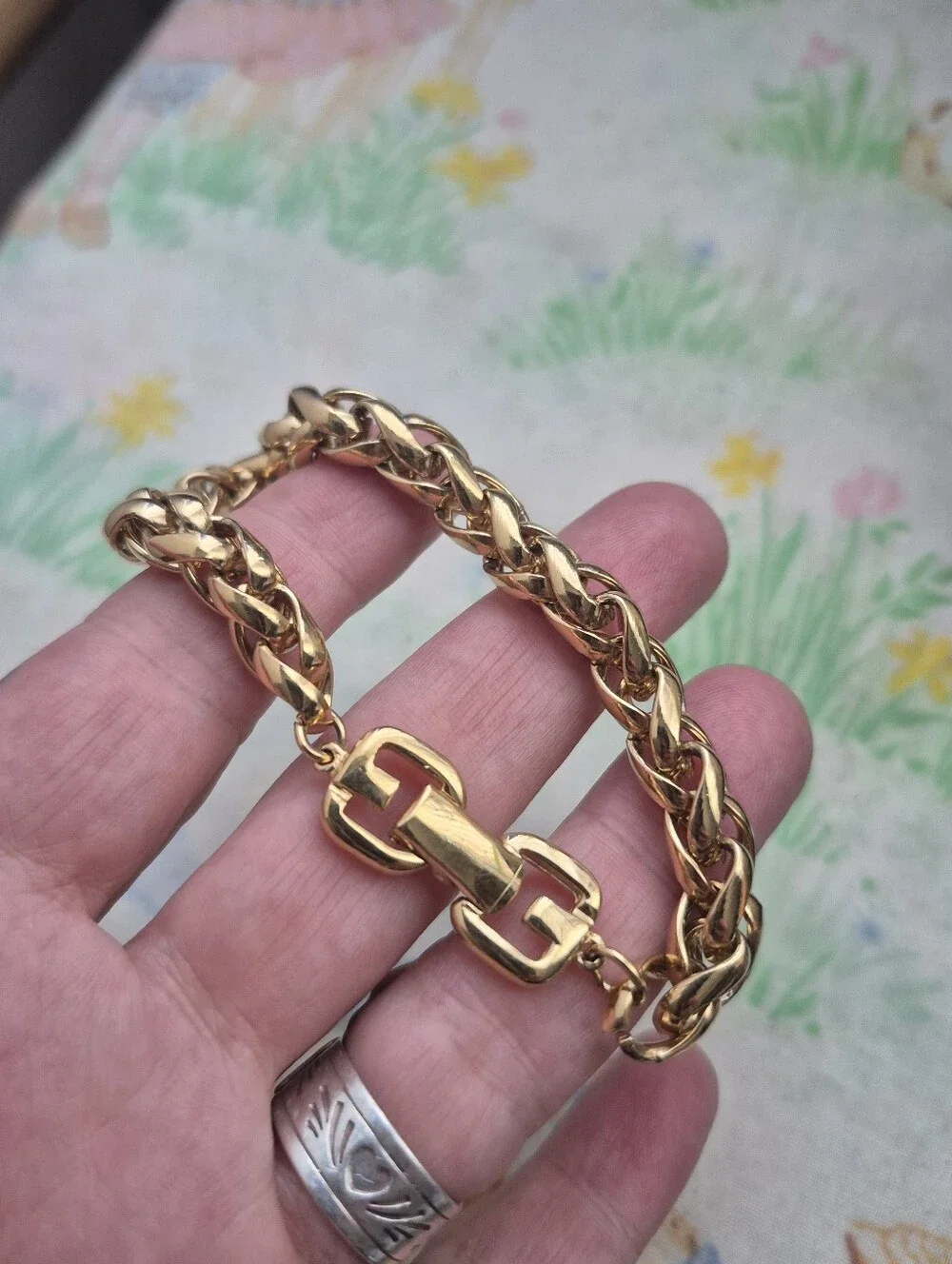 🌙Givenchy Vintage Gold Tone Double Wheat Chain Bracelet G Logo Clasp